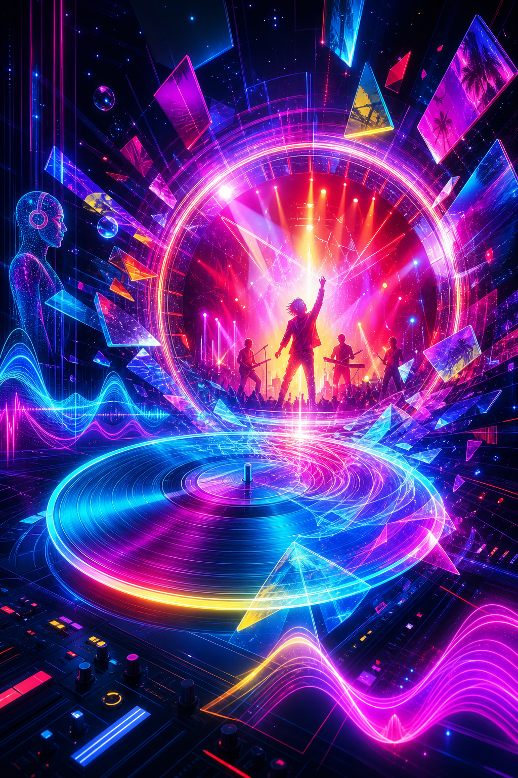 A neon vinyl record transforming into a futuristic music video portal